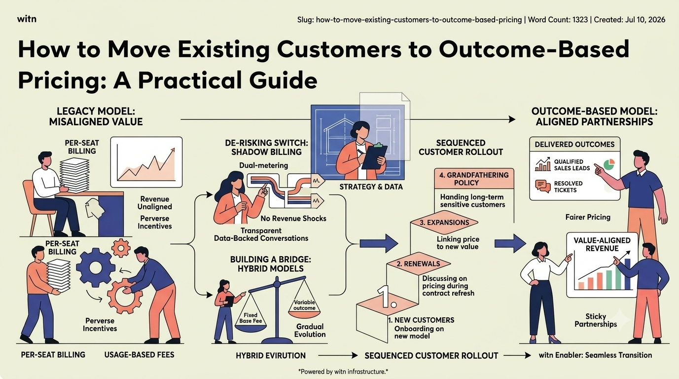 Migration pathways from subscription or usage pricing to outcome-based pricing, showing grandfathering, hybrid bridge, parallel shadow-billing and hard cutover approaches sequenced across new customers, renewals and expansions