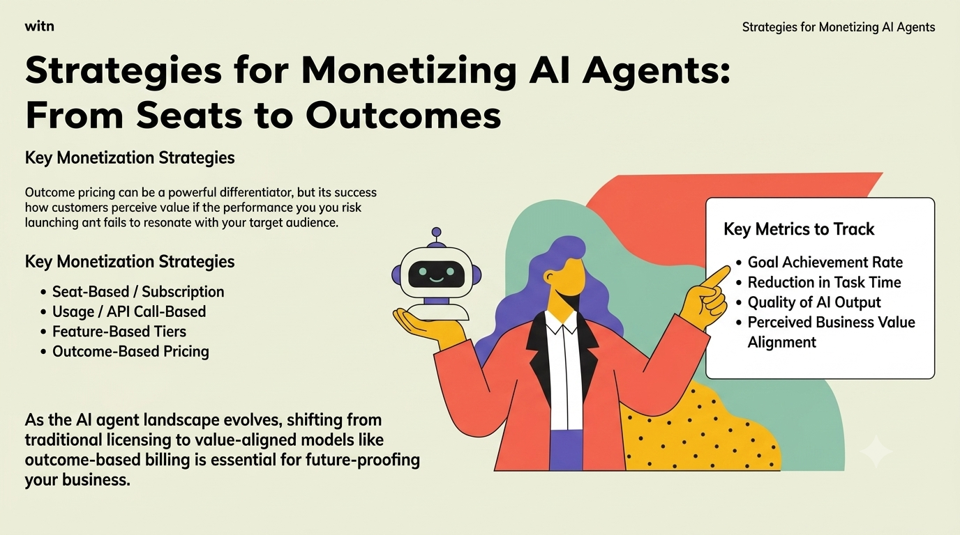 Overview of AI agent monetization strategies moving from seats to outcomes, listing seat-based, usage or API call-based, feature-based tiers and outcome-based pricing alongside key metrics to track: goal achievement rate, reduction in task time, quality of AI output and perceived business value alignment