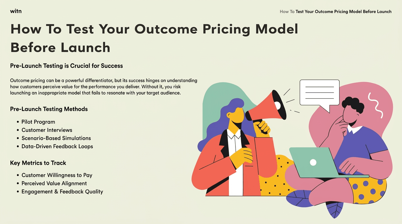 Overview of how to test an outcome pricing model before launch: testing methods including pilot programs, customer interviews, scenario-based simulations and data-driven feedback loops, plus key metrics to track such as customer willingness to pay, perceived value alignment and engagement quality